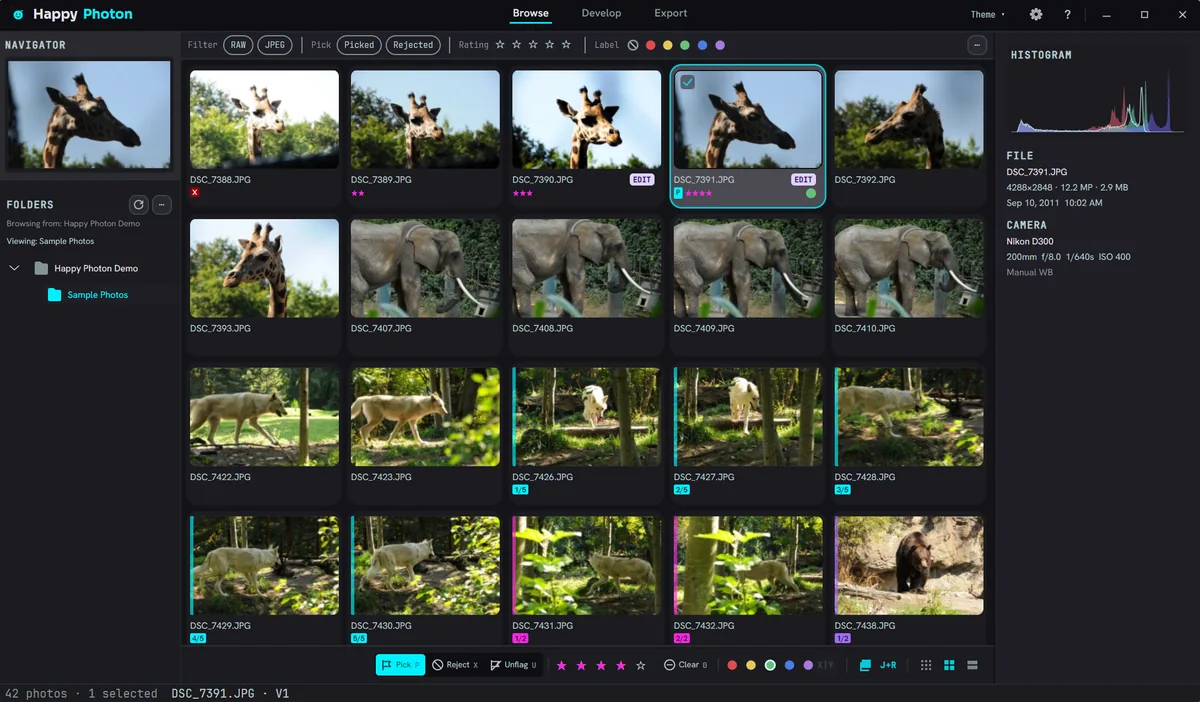Happy Photon Browse showing wildlife thumbnails with flags, star ratings, color labels, the filter bar, histogram, and capture metadata